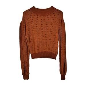 Free People Burnt Orange Chunky Knit Pullover Sweater Medium Puff Sleeve Cropped